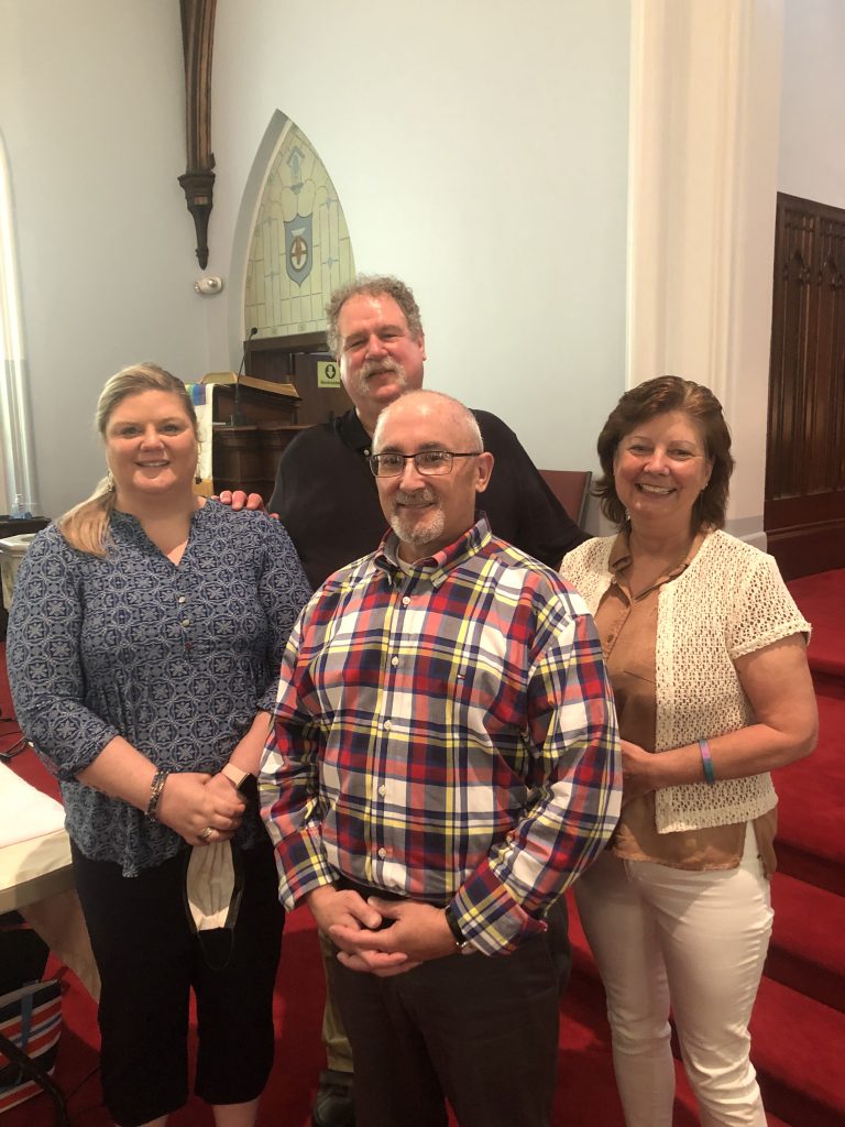 Left to right are  Tasha Cramer from Partnership for a Healthier Carroll County, Pastor Marty Kuchma, Kerry Lance from Nimel Mental Health, and Jacqueline Spielman from NAMI Carroll County.